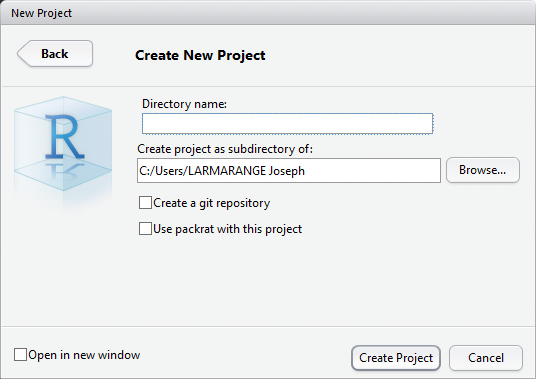Création d’un projet dans un nouveau répertoire avec RStudio