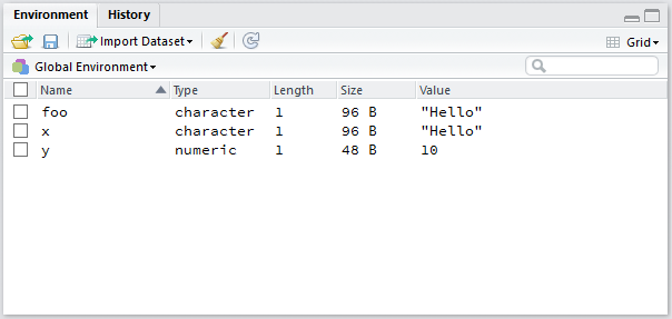 Onglet Environment de RStudio