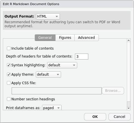 Dialogue d’options de sortie R Markdown